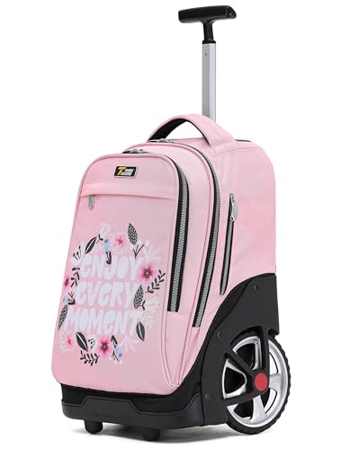 NEW TILAMI 19 inch Rolling Backpack Teens Rolling Backpack Cute Wheeled Laptop Backpack Bookbag Roller Travel Bag College, Flower Pink - color: Pink Flower