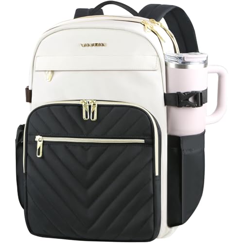 VANKEAN Laptop Backpack for Women with Pouch Pocket for Large Capacity Tumbler, 15.6 Inch Laptop Computer Bag Travel Backpack Purse,Waterproof Work Business Backpack College Teacher Bags Beige-Black - color: Beige-black, size: 15.6 Inch