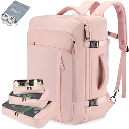 BAGPARKK Travel Laptop Backpack,42L Carry on Luggage, Flight Approved Expandable Backpack,Business Anti Theft Weekender Bags for Women Men, Water Resistant Expandable Backpacks With 4 Packing Cubes - color: Pink(backpack With 4 Packing Cubes)