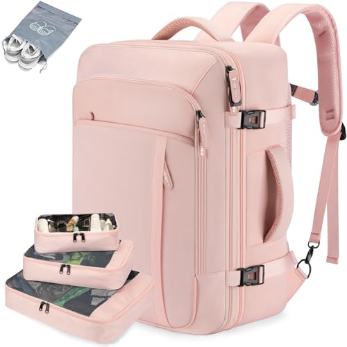 BAGPARKK Travel Laptop Backpack,42L Carry on Luggage, Flight Approved Expandable Backpack,Business Anti Theft Weekender Bags for Women Men, Water Resistant Expandable Backpacks With 4 Packing Cubes - color: Pink(backpack With 4 Packing Cubes)
