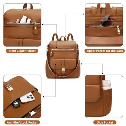 KKXIU Backpack Purse for Women - Multi-pocket Leather backpack for Travel, Work & School with Anti-Theft Lock Pocket, Luggage Strap & Water Bottle Pockets - 13x14x5.2 Inch, 1.67lb (Brown) - color: Brown
