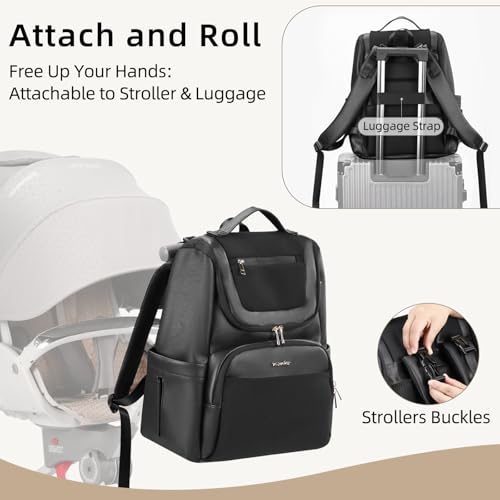 Large Leather Diaper Bag Backpack, Baby Travel Bag with Changing Pad, Insulated Pockets, Stroller Straps and Pacifier Case, Water-Resistant Diaper Bag for Mom and Dad, Black - color: Black