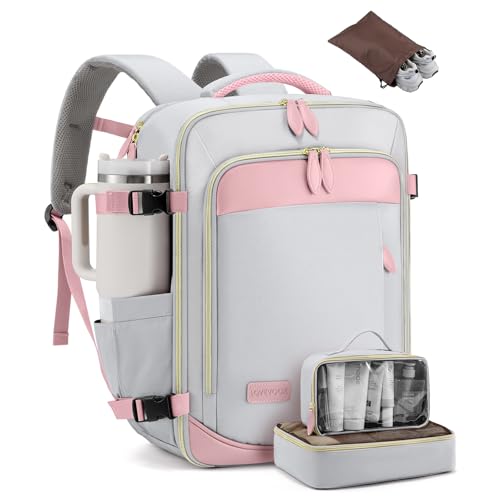 LOVEVOOK Travel Backpack for Women, 40L Carry On Backpack with 3 Packing Cubes,TSA Personal Item Travel Bag Airline Approved, Water Resistant Weekender Overnight Luggage Daypack, Fits 17 Inch Laptop - color: D-grey-pink, size: Large - 17.3 Inch - 40L - 3