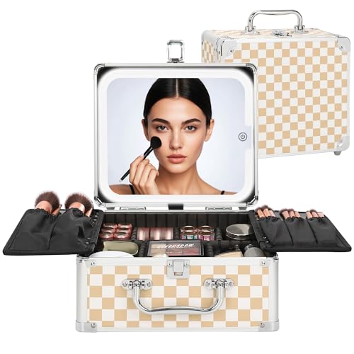 Relavel Makeup Bag with LED Mirror, Makeup Box Travel Train Case with Lighted Mirror & Adjustable Dividers, Cosmetic Brush Organizer Storage for Makeup Artists Gifts for Women and Girls (Plaid, Small) - color: Plaid, size: Small