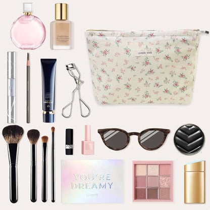 Wudygirl Flower Makeup Bag Cosmetic Bag for Women and Girls Large Capacity Makeup Pouch Aesthetic Cute Makeup Bag Canvas Toiletry Bag Pencil Pouch with Zipper (Beige and Small Floral) - color: Beige Floral