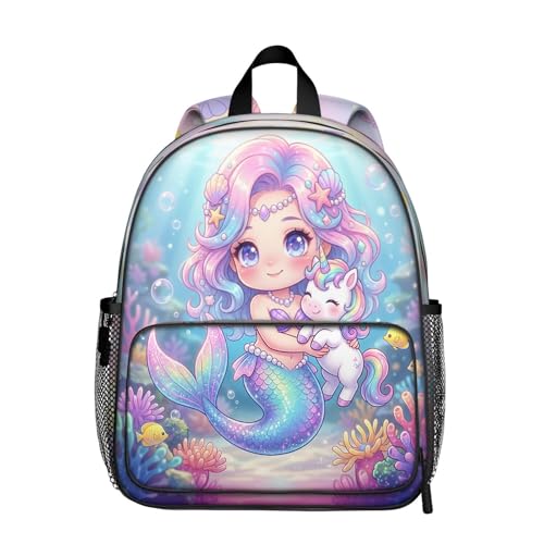 Toddler Backpack for Girls 4-6 – Mermaid & Unicorn Kids Backpack, Cute Preschool Kindergarten Daycare Bag with Padded Ergonomic Straps & Chest Clip, Small Backpack for Kids Travel & School - color: Mermaid Unicorn