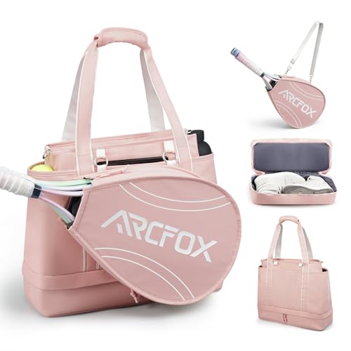 ARCFOX Tennis Tote Bag for Women, 2-in-1 Pink Tennis Bags 3 Rackets, Large Tennis Racket Bag with Shoe Compartment, Water Bottle Holder, Sports Handbag for Pickleball Padel, Badminton, Squash Racquet - style: Tennis Tote Bag