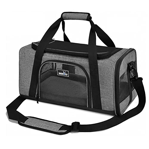Wakytu Airline Approved Pet Carrier, TSA Approved Soft Sided Travel Bag for Small Dogs and Cats, 5 Mesh Windows & Padded Shoulder Strap for Plane Underseat, 17.7"x11"x8.3" - color: 1.0 Grey, size: 17.7"L x 11.0"W x 8.3"H