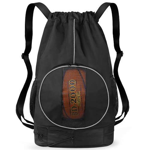 Basketball Backpack, 45 L Drawstring Sports Bag with Large Shoe Compartment and Wet Pockets for Women Men Gym Bag - color: Black-45L