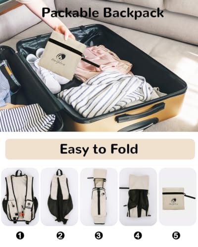 Folding Hiking Backpack with Phone Pocket for Men Women, Small Ultralight Packable Casual Daypack with Shoulder Chest Straps for Travel, 15L Foldable Lightweight Day Pack, Beige - color: Beige