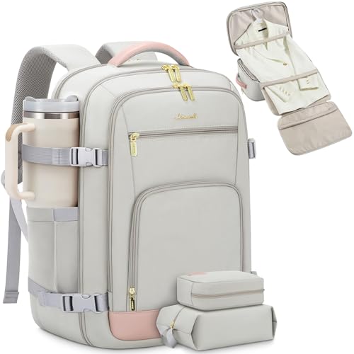 LOVEVOOK Travel Backpack for Women, 50L Carry On Backpack Flight Approved with Garment Bag, Personal Item Travel Bag Fit 17 Inch Laptop, Business Weekender Overnight Daypack With 2 Cubes, Pink-Grey - color: Pink-grey, size: 50l-18 Inch-3pcs With Garment B