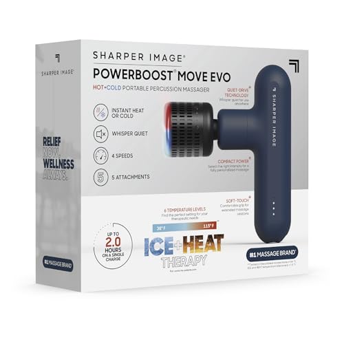 Sharper Image Deep Tissue Percussion Massage Gun, Powerboost Move Evo Hot & Cold Rechargeable Handheld Massager, 4 Adjustable Speeds, 5 Attachment Heads & Carrying Case, for Muscle Pain Relief, Blue - color: Navy - Hot + Cold