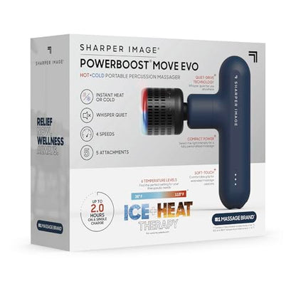 Sharper Image Deep Tissue Percussion Massage Gun, Powerboost Move Evo Hot & Cold Rechargeable Handheld Massager, 4 Adjustable Speeds, 5 Attachment Heads & Carrying Case, for Muscle Pain Relief, Blue - color: Navy - Hot + Cold