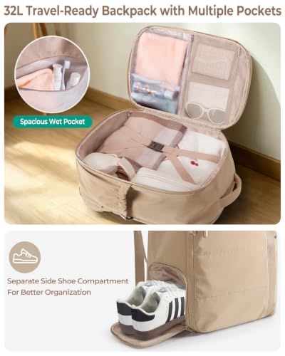 Smasrob 32L Women Travel Backpack with Shoe and Laptop Compartment, Travel Bag with Water Bottle Holder and Wet Pocket, Water-Resistant, Camel - color: Camel