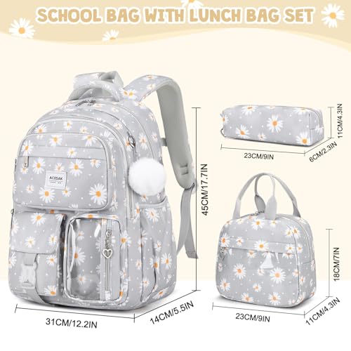 ACESAK Backpack for Girls - Girls Backpack with Lunch Bag & Pencil Pouch for Teen Kids Laptop Backpack for Women, Elementary Middle High School Bookbag Travel Daypack (Gray Daisy) - color: Gray Daisy