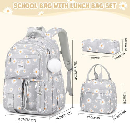 ACESAK Backpack for Girls - Girls Backpack with Lunch Bag & Pencil Pouch for Teen Kids Laptop Backpack for Women, Elementary Middle High School Bookbag Travel Daypack (Gray Daisy) - color: Gray Daisy