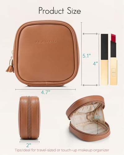 VLANDO Small Make up Bag,Mini Water-Resistant Pouch with Pockets | Stores Lipstick,Small Toiletries,Gift for Women,Ideal for Purse,Commute,Travel - color: Dark Brown