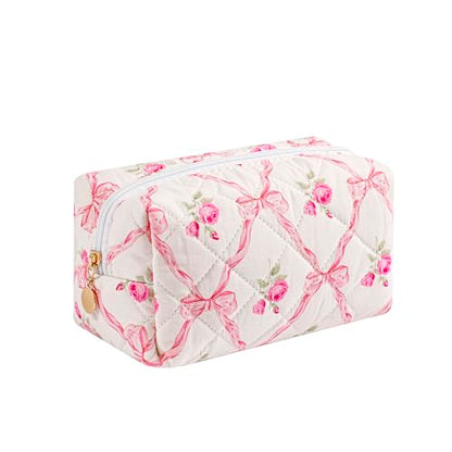 Cute Floral Makeup Bag Small Cotton Quilted Cosmetic Bag, Aesthetic Essential Bag Emergency Bag Gift for Women Girls Travel Accessories (Pink Bowknot Rose) - color: A6 Pink Bowknot Rose