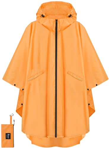 PTEROMY Hooded Rain Poncho for Adult with Pocket and Zipper, Waterproof Lightweight Raincoat for Men and Women - color: Orange