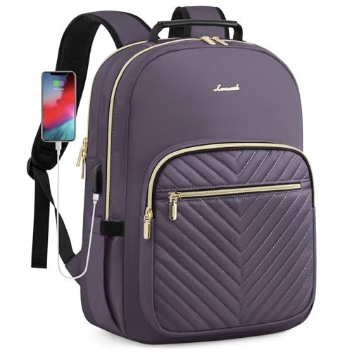 LOVEVOOK Laptop Backpack Purse for Women, Large Capacity Travel Business Computer Work Bag, Quilted Casual Nurse Backpack for Womens, Fit 15.6 Inch Laptop with USB Port, Purple Grey - color: Purple Grey, size: 15.6-Inch