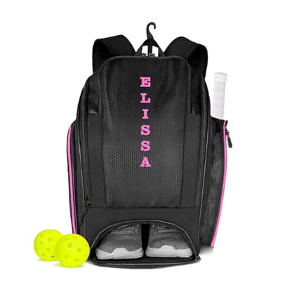 Personalized Pickleball Backpack - Large Pickle Ball Bag with Shoe Compartment, Fence Hook, Paddle Holder - Gifts for Men & Women - color: Black and Pink