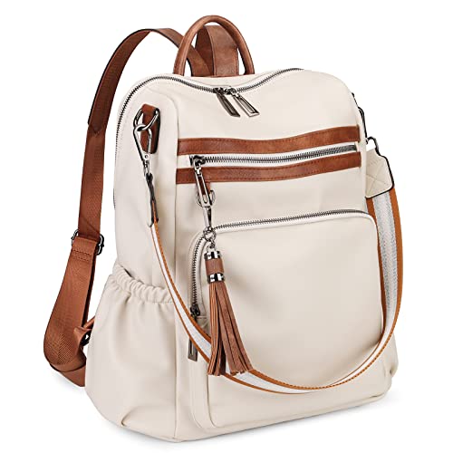 Uromee Travel Backpack Purse for Women Vegan Leather Ladies Fashion Tassel Shoulder Bag Convertible - color: 0243 Large White Brown