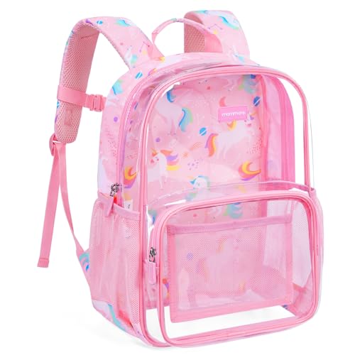 mommore Clear Backpack for School Kids Clear Bookbag Heavy Duty 15 Inch See Through Backpack Unicorn Transparent Bag for Girls - color: Pink, style: Mesh Panel Clear Backpack