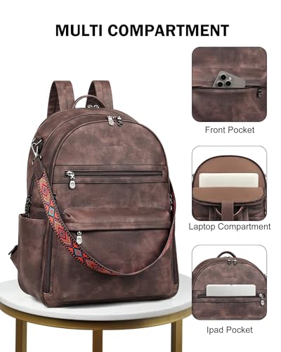 FADEON 15.6 Inch Laptop Backpack Purse for Women, Large Capacity | Vegan Leather Backpack with Padded Straps, Laptop & iPad Slots Fits 13", 14" & 15.6". Roomy for Daily, Work & Travel - color: Coffee Brown Retro Style