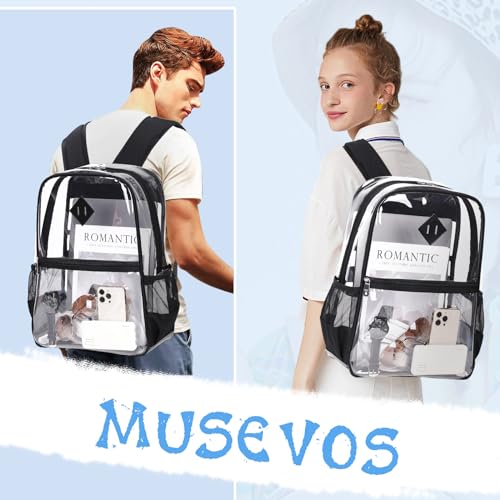 MUSEVOS Clear Backpack Stadium Approved, Heavy Duty See Through Book Bag, Black Transparent - color: Black Transparent