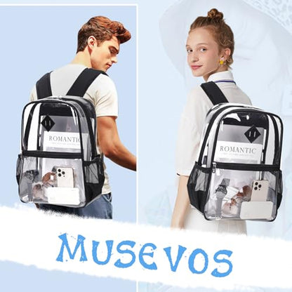 MUSEVOS Clear Backpack Stadium Approved, Heavy Duty See Through Book Bag, Black Transparent - color: Black Transparent