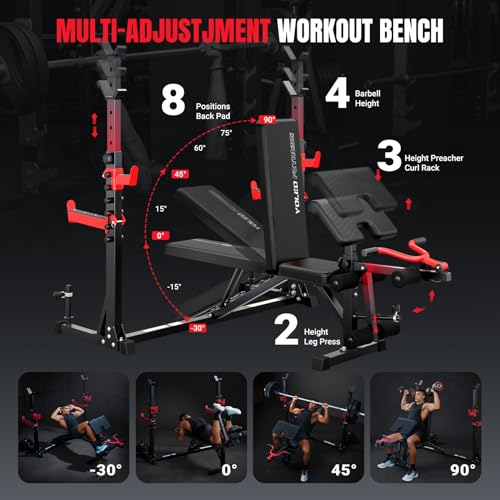 YOLEO Weight Bench with Rack - Bench Press Set, Leg Extension, Preacher Curl & Flat/Incline/Decline Full Body Workout Bench, Adjustable Olympic Weight Benches for Home Gym(47.44IN WIDE GRIP)