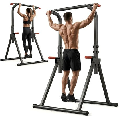 Foldable Pull Up Bar Standing Power Tower, Multi-Function Dip Station, 6-Level Adjustable Height Strength Training Equipment for Home Gym, 440lbs Capacity