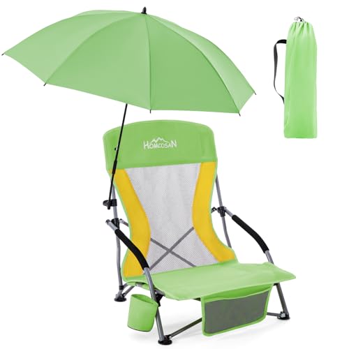 Homcosan Portable Low Folding Beach Chair with Detachable Umbrella - Lightweight Camping Chair for Adults with Cup Holder & Storage Pocket, Carry Bag Included (Green & Yellow) - color: Green & Yellow, size: 1 Pack, style: chair with umbrella