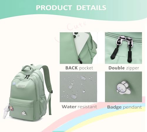 School Backpack for Teen Girls Cute Bookbag for High Middle School College Aesthetic Laptop Back Pack,Green - color: Green