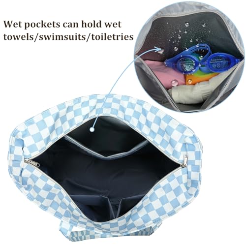 LEDAOU Beach Bag Waterproof Sandproof Women Beach Tote Pool Bag with Zipper for Swim Gym Grocery Travel with Wet Pocket | Sandproof - color: Checkered-blue