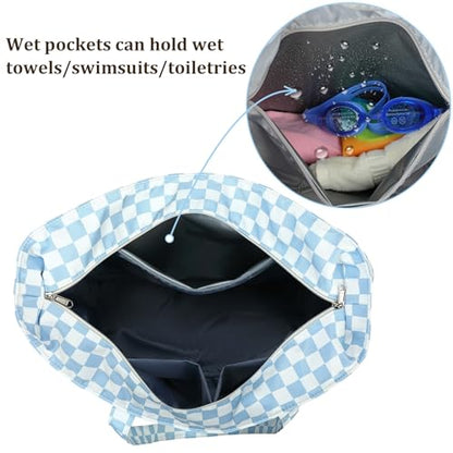 LEDAOU Beach Bag Waterproof Sandproof Women Beach Tote Pool Bag with Zipper for Swim Gym Grocery Travel with Wet Pocket | Sandproof - color: Checkered-blue