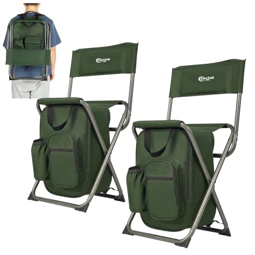 Portal Backpack Cooler Chair 2 Pack Fishing Chairs with Backrest Folding Camping Stool Compact for Outdoors Hiking Hunting Travel, Supports 225 lbs Capacity - color: 2 Pack_green