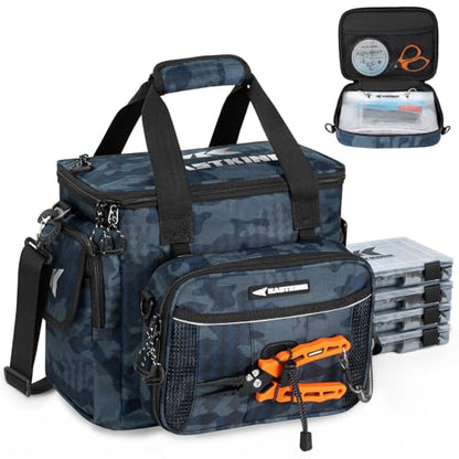 KastKing BaitSpace Fishing Tackle Bag With 4 Tackle Boxes & Removable Bait Binder, Water-Resistant Tackle Storage, Durable Fishing Gear, Adjustable Shoulder Strap - color: C: Blue Camo, size: Medium - 4*3600 Trays