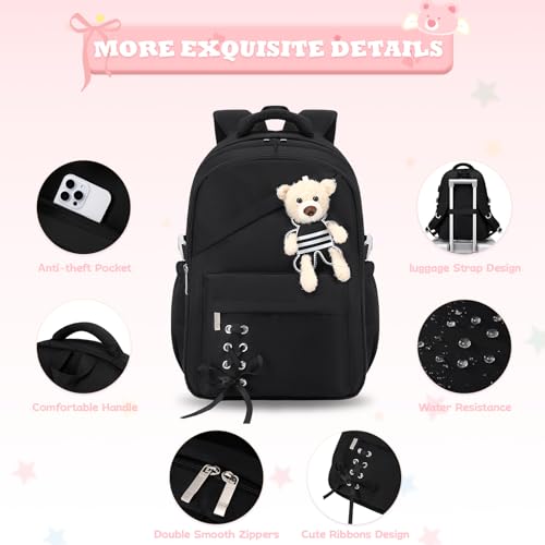 ACESAK School Backpack for Girls - 3 PCS Cute Girls Backpack with Lunch Box & Pencil Case - Kawaii Casual Kids Bookbag School Bag Daypacks Set for Elementary Middle High School Student Teens (Black) - color: Black