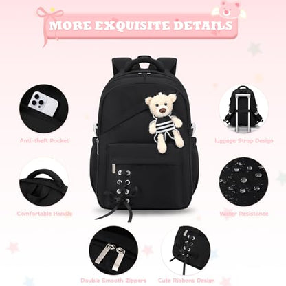 ACESAK School Backpack for Girls - 3 PCS Cute Girls Backpack with Lunch Box & Pencil Case - Kawaii Casual Kids Bookbag School Bag Daypacks Set for Elementary Middle High School Student Teens (Black) - color: Black