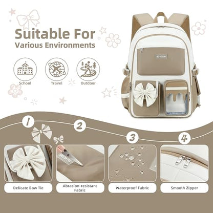 School Backpack for Girls 3PCS Nylon Kids Backpack Set with Lunch Box & Pencil Pouch, Cute Lightweight Teen Girls School Bag Laptop Bag Travel Daypack for Elementary Middle High School Beige Brown - color: Brown