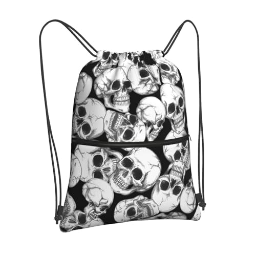 Halloween Goth Skull Drawstring Backpack, Gothic Black White Skeleton Drawstring Bag, Waterproof Durable String Sackpack, Large Capacity Cinch Sackpack for Yoga Sport Beach Gym Shopping - color: Black White Skull