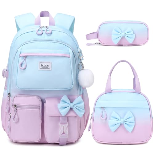 Bevalsa Backpack for Girls, Cute Bow School Bags for Kids with Lunch Bag & Pen Case, Bookbag for Girls Children Teens Elementary Middle Student, Back to School Gift with USB Charging Port - color: Blue-purple