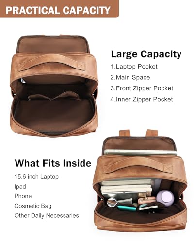 MASINTOR 15.6 inch PU Leather Laptop Backpack Purse for Women, Large College Casual Backpack Travel Bag Mocha Brown - color: Mocha Brown