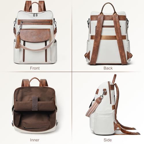 Shrrie Laptop Backpack for Women 15.6 inch,Travel Leather Backpack Purse Nurse Teacher Carry on Backpack Computer Bag,Professional Water-Resistant College Business Work Casual Daypack,Beige with Brown - color: Beige With Brown