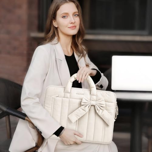 MOSISO Laptop Case 13.3 inch, 13-13.3 inch Puffy Laptop Sleeve Compatible with MacBook Neo/Air 13.6 M5 M4 M3 M2 M1/Pro 13/14, HP Dell ASUS Lenovo, Rectangle Quilted Carrying Bag with Bow&Handle, Sand - color: Sand, size: 13.3 inch