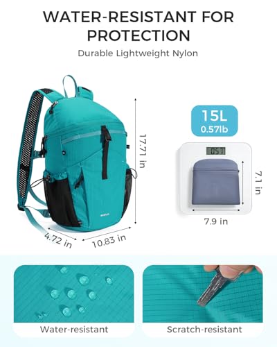 ECOHUB 15L Ultra-Lightweight Packable Backpack, Casual Daypack for Daily Use, Small Hiking & Travel, Foldable Backpack, Water-Resistant Nylon, Reflective Design - color: Pacific Teal