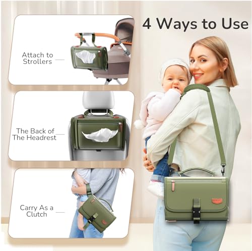 Portable Diaper Changing Pad with Shoulder Strap, Detachable Travel Changing Pad with Baby Wipes Pocket, Gifts for Baby Shower, Newborn Girls and Boys (Army Green) - color: Army Green