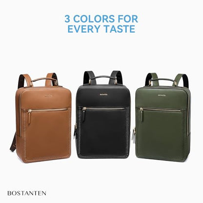 BOSTANTEN Leather Backpack 15.6 inch Laptop Bag Travel Casual Computer Backpack College Business Work Shoulder Bags with Trolley Sleeve for Women Men Olive Green - color: Olive Green