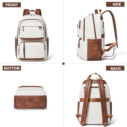 LATMAP Vegan Leather Backpack 17Inch Laptop Backpack for Women Travel Beige | Large capacity, laptop compartment, water-resistant, easy to wipe clean, TSA-friendly, with luggage strap & pickpocket-proof - color: Beige W/ Brown Trim